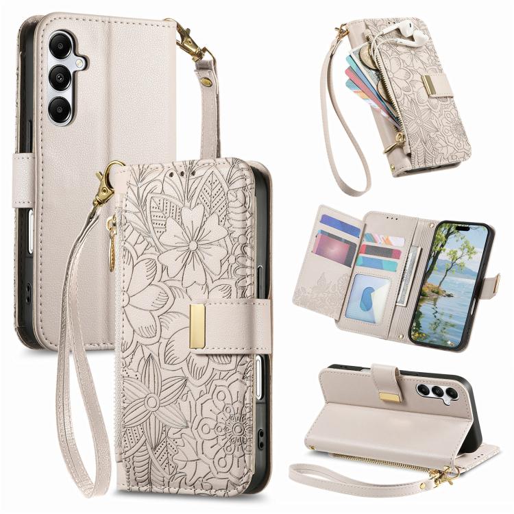 Portafoglio in pelle con cerniera e cinturino, motivo fiori e foglie, con cinturino., For Samsung Galaxy S25 Ultra 5G, For Samsung Galaxy S24 FE 5G, For Samsung Galaxy M15 5G, For Samsung Galaxy A55 5G