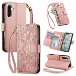 Portafoglio in pelle con cerniera e cinturino, motivo fiori e foglie, con cinturino., For Samsung Galaxy A56 5G, For Samsung Galaxy A36 5G, For Samsung Galaxy S25 5G, For Samsung Galaxy S25+ 5G