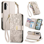 Portafoglio in pelle con cerniera e cinturino, motivo fiori e foglie, con cinturino., For Samsung Galaxy A15, For Samsung Galaxy A05, For Samsung Galaxy A05s, For Samsung Galaxy A25 5G
