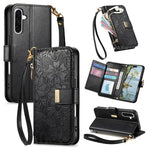 Portafoglio in pelle con cerniera e cinturino, motivo fiori e foglie, con cinturino., For Samsung Galaxy A15, For Samsung Galaxy A05, For Samsung Galaxy A05s, For Samsung Galaxy A25 5G