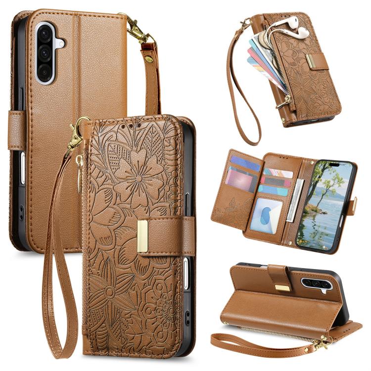 Portafoglio in pelle con cerniera e cinturino, motivo fiori e foglie, con cinturino., For Samsung Galaxy A35 5G, For Samsung Galaxy S24 Ultra 5G, For Samsung Galaxy S24+ 5G, For Samsung Galaxy S24 5G