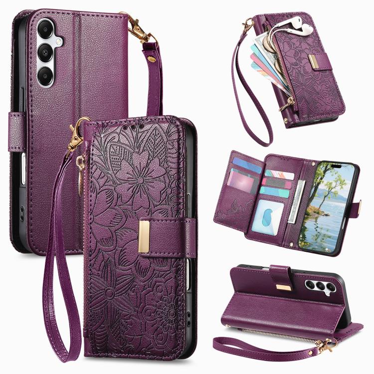 Portafoglio in pelle con cerniera e cinturino, motivo fiori e foglie, con cinturino., For Samsung Galaxy A07 4G, For Samsung Galaxy A17 5G, For Samsung Galaxy M56 5G, For Samsung Galaxy S25 Edge 5G