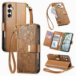 Portafoglio in pelle con cerniera e cinturino, motivo fiori e foglie, con cinturino., For Samsung Galaxy A56 5G, For Samsung Galaxy A36 5G, For Samsung Galaxy S25 5G, For Samsung Galaxy S25+ 5G