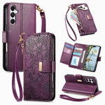Portafoglio in pelle con cerniera e cinturino, motivo fiori e foglie, con cinturino., For Samsung Galaxy S25 Ultra 5G, For Samsung Galaxy S24 FE 5G, For Samsung Galaxy M15 5G, For Samsung Galaxy A55 5G
