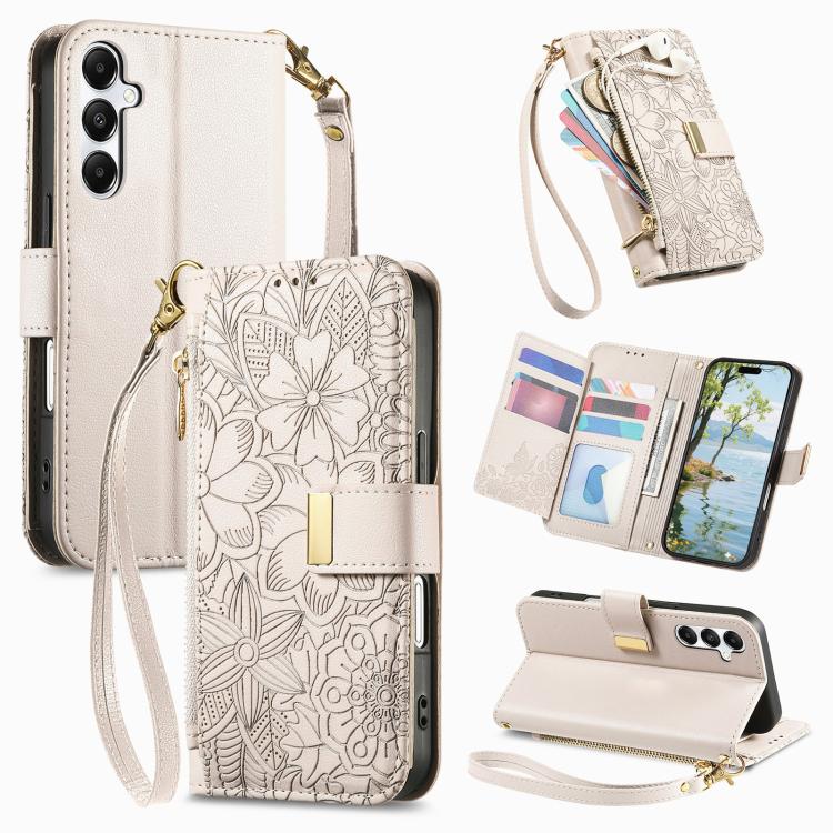 Portafoglio in pelle con cerniera e cinturino, motivo fiori e foglie, con cinturino., For Samsung Galaxy S25 Ultra 5G, For Samsung Galaxy S24 FE 5G, For Samsung Galaxy M15 5G, For Samsung Galaxy A55 5G
