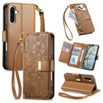 Portafoglio in pelle con cerniera e cinturino, motivo fiori e foglie, con cinturino., For Samsung Galaxy S26 Edge 5G, For Samsung Galaxy A57 5G, For Samsung Galaxy A37 5G, For Samsung Galaxy M36 5G