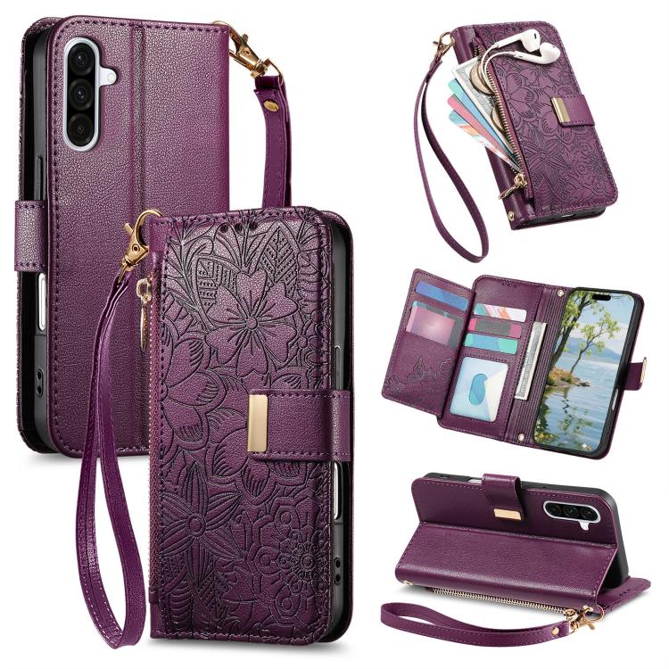 Portafoglio in pelle con cerniera e cinturino, motivo fiori e foglie, con cinturino., For Samsung Galaxy S26 Edge 5G, For Samsung Galaxy A57 5G, For Samsung Galaxy A37 5G, For Samsung Galaxy M36 5G
