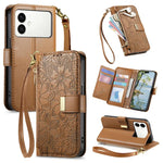 Portafoglio in pelle con cerniera e cinturino, motivo fiori e foglie, con cinturino., For Samsung Galaxy S26 Edge 5G, For Samsung Galaxy A57 5G, For Samsung Galaxy A37 5G, For Samsung Galaxy M36 5G