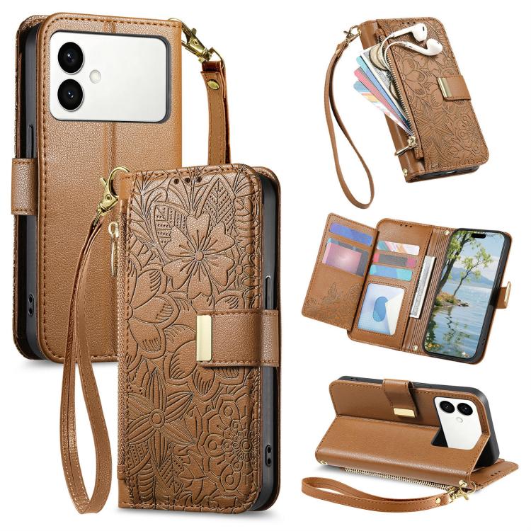Portafoglio in pelle con cerniera e cinturino, motivo fiori e foglie, con cinturino., For Samsung Galaxy S26 Edge 5G, For Samsung Galaxy A57 5G, For Samsung Galaxy A37 5G, For Samsung Galaxy M36 5G
