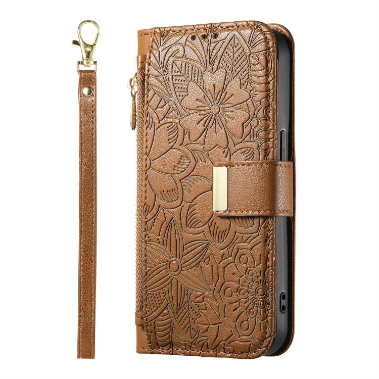 Portafoglio in pelle con cerniera e cinturino, motivo fiori e foglie, con cinturino., For Samsung Galaxy S26 Edge 5G, For Samsung Galaxy A57 5G, For Samsung Galaxy A37 5G, For Samsung Galaxy M36 5G