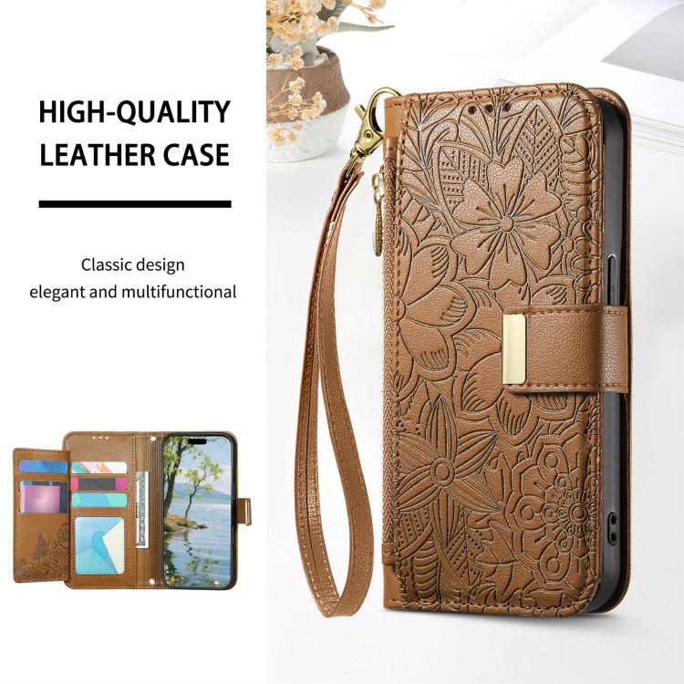 Portafoglio in pelle con cerniera e cinturino, motivo fiori e foglie, con cinturino., For Samsung Galaxy S26 Edge 5G, For Samsung Galaxy A57 5G, For Samsung Galaxy A37 5G, For Samsung Galaxy M36 5G