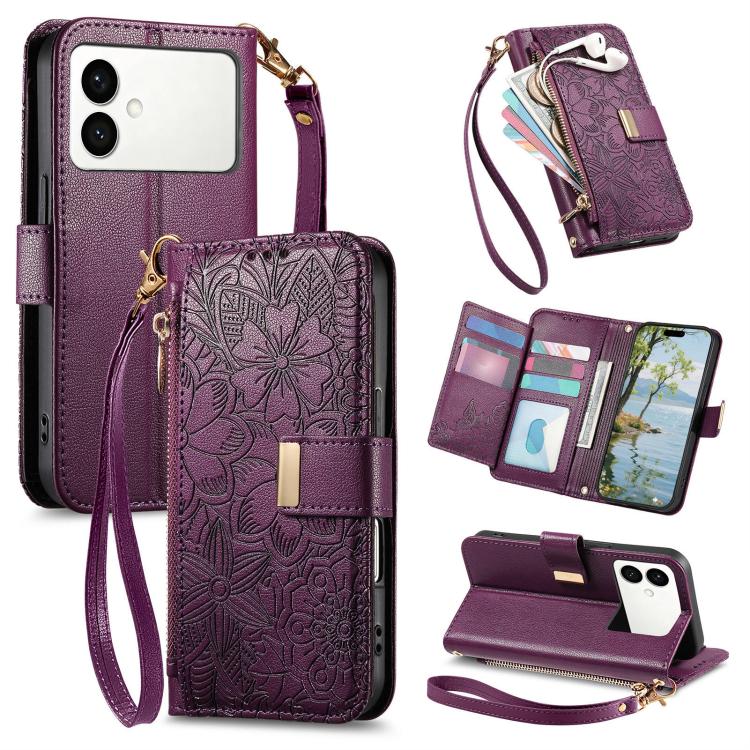 Portafoglio in pelle con cerniera e cinturino, motivo fiori e foglie, con cinturino., For Samsung Galaxy S26 Edge 5G, For Samsung Galaxy A57 5G, For Samsung Galaxy A37 5G, For Samsung Galaxy M36 5G