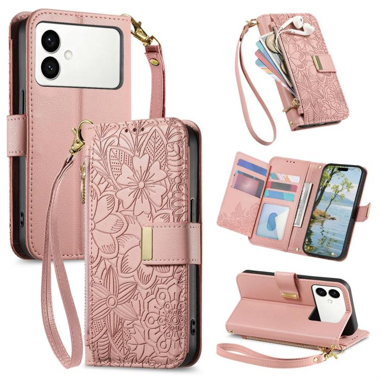 Portafoglio in pelle con cerniera e cinturino, motivo fiori e foglie, con cinturino., For Samsung Galaxy S26 Edge 5G, For Samsung Galaxy A57 5G, For Samsung Galaxy A37 5G, For Samsung Galaxy M36 5G