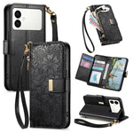 Portafoglio in pelle con cerniera e cinturino, motivo fiori e foglie, con cinturino., For Samsung Galaxy S26 Edge 5G, For Samsung Galaxy A57 5G, For Samsung Galaxy A37 5G, For Samsung Galaxy M36 5G