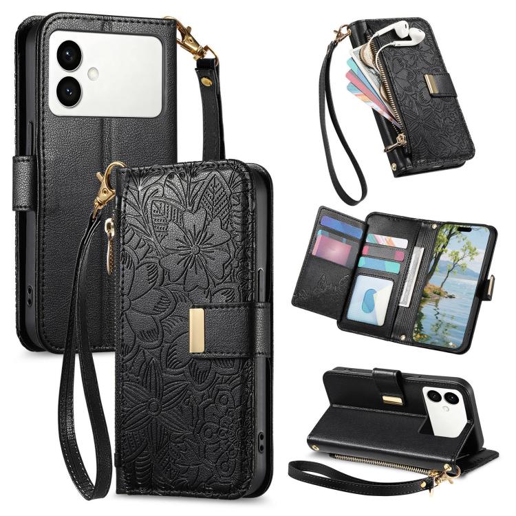 Portafoglio in pelle con cerniera e cinturino, motivo fiori e foglie, con cinturino., For Samsung Galaxy S26 Edge 5G, For Samsung Galaxy A57 5G, For Samsung Galaxy A37 5G, For Samsung Galaxy M36 5G