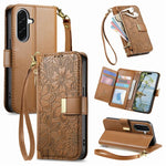 Portafoglio in pelle con cerniera e cinturino, motivo fiori e foglie, con cinturino., For Samsung Galaxy S26 Edge 5G, For Samsung Galaxy A57 5G, For Samsung Galaxy A37 5G, For Samsung Galaxy M36 5G