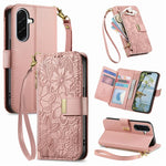 Portafoglio in pelle con cerniera e cinturino, motivo fiori e foglie, con cinturino., For Samsung Galaxy S26 Edge 5G, For Samsung Galaxy A57 5G, For Samsung Galaxy A37 5G, For Samsung Galaxy M36 5G