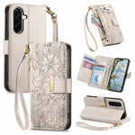 Portafoglio in pelle con cerniera e cinturino, motivo fiori e foglie, con cinturino., For Samsung Galaxy S26 Edge 5G, For Samsung Galaxy A57 5G, For Samsung Galaxy A37 5G, For Samsung Galaxy M36 5G