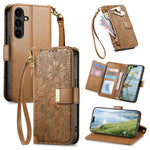 Portafoglio in pelle con cerniera e cinturino, motivo fiori e foglie, con cinturino., For Galaxy S26 5G, For Samsung Galaxy A57 5G, For Samsung Galaxy A37 5G, For Samsung Galaxy M36 5G