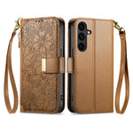 Portafoglio in pelle con cerniera e cinturino, motivo fiori e foglie, con cinturino., For Galaxy S26 5G, For Samsung Galaxy A57 5G, For Samsung Galaxy A37 5G, For Samsung Galaxy M36 5G