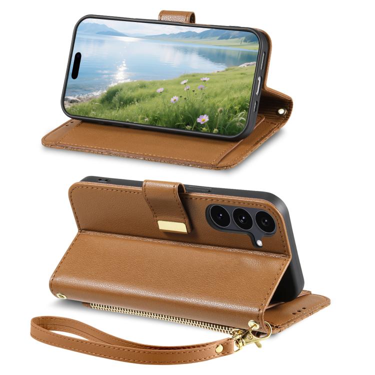 Portafoglio in pelle con cerniera e cinturino, motivo fiori e foglie, con cinturino., For Galaxy S26 5G, For Samsung Galaxy A57 5G, For Samsung Galaxy A37 5G, For Samsung Galaxy M36 5G