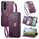 Portafoglio in pelle con cerniera e cinturino, motivo fiori e foglie, con cinturino., For Galaxy S26 5G, For Samsung Galaxy A57 5G, For Samsung Galaxy A37 5G, For Samsung Galaxy M36 5G