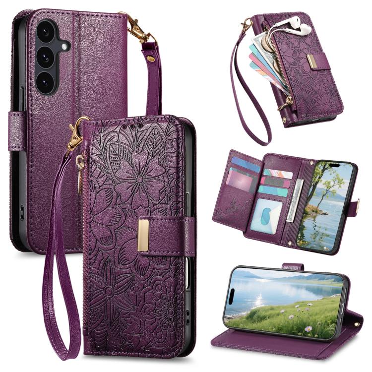 Portafoglio in pelle con cerniera e cinturino, motivo fiori e foglie, con cinturino., For Galaxy S26 5G, For Samsung Galaxy A57 5G, For Samsung Galaxy A37 5G, For Samsung Galaxy M36 5G