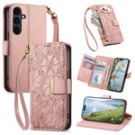 Portafoglio in pelle con cerniera e cinturino, motivo fiori e foglie, con cinturino., For Galaxy S26 5G, For Samsung Galaxy A57 5G, For Samsung Galaxy A37 5G, For Samsung Galaxy M36 5G