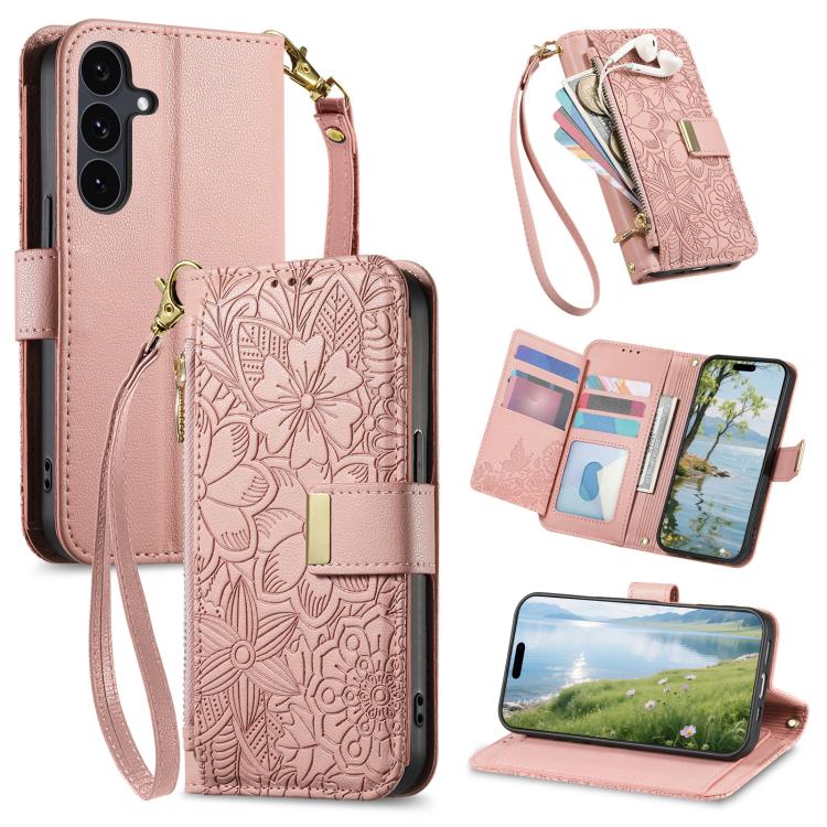 Portafoglio in pelle con cerniera e cinturino, motivo fiori e foglie, con cinturino., For Galaxy S26 5G, For Samsung Galaxy A57 5G, For Samsung Galaxy A37 5G, For Samsung Galaxy M36 5G