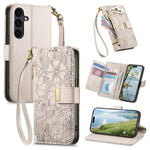Portafoglio in pelle con cerniera e cinturino, motivo fiori e foglie, con cinturino., For Galaxy S26 5G, For Samsung Galaxy A57 5G, For Samsung Galaxy A37 5G, For Samsung Galaxy M36 5G