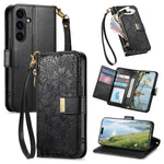 Portafoglio in pelle con cerniera e cinturino, motivo fiori e foglie, con cinturino., For Galaxy S26 5G, For Samsung Galaxy A57 5G, For Samsung Galaxy A37 5G, For Samsung Galaxy M36 5G