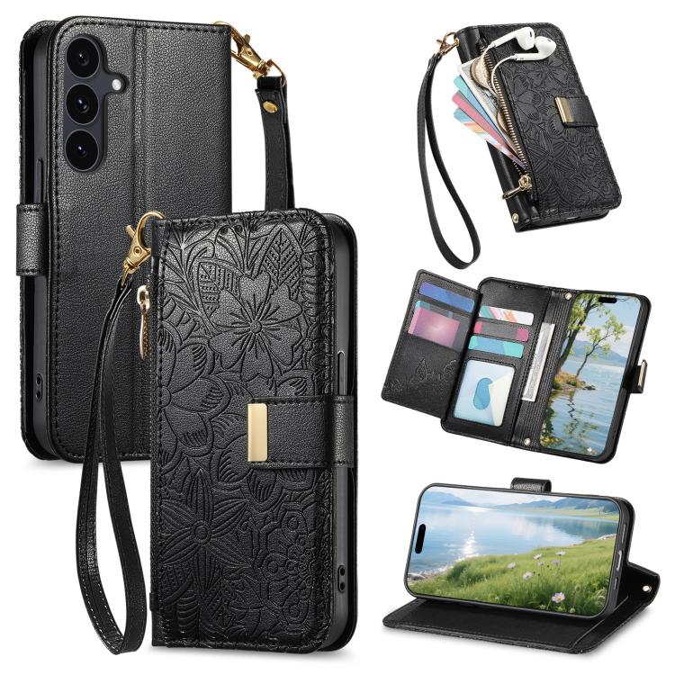 Portafoglio in pelle con cerniera e cinturino, motivo fiori e foglie, con cinturino., For Galaxy S26 5G, For Samsung Galaxy A57 5G, For Samsung Galaxy A37 5G, For Samsung Galaxy M36 5G