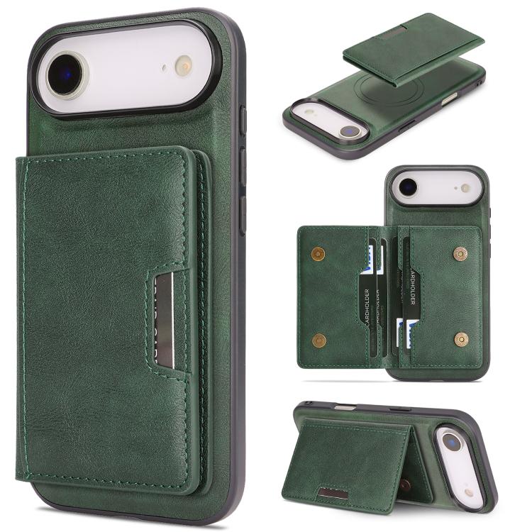 Custodia per telefono in pelle Kalebol Strong MagSafe con porta carte magnetico a due ante e chiusura a strappo., For iPhone 17 Pro, For iPhone 17, For iPhone Air, For iPhone 17e / 16e