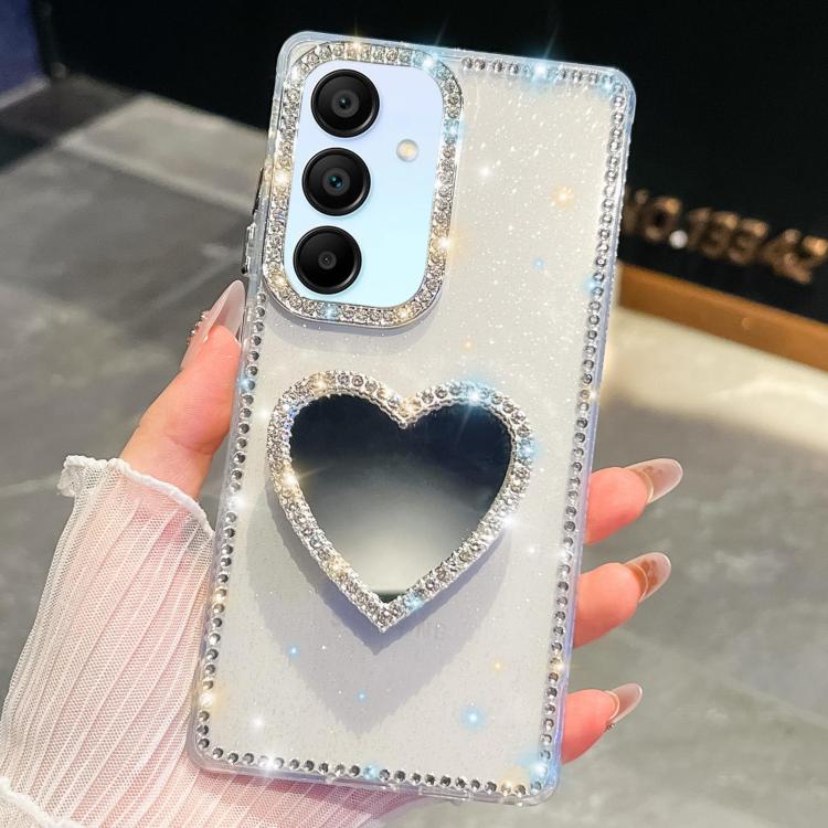 Custodia per telefono con ciondolo a forma di cuore e specchio glitterato effetto diamante., For Samsung Galaxy S24 FE 5G, For Samsung Galaxy A15 5G, For Samsung Galaxy A55 5G, For Samsung Galaxy A35 5G