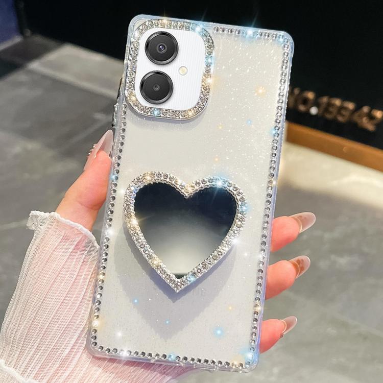 Custodia per telefono con ciondolo a forma di cuore e specchio glitterato effetto diamante., For Samsung Galaxy S26+ 5G, For Samsung Galaxy S26 Ultra 5G, For Samsung Galaxy S26 5G, For Samsung Galaxy A07 5G