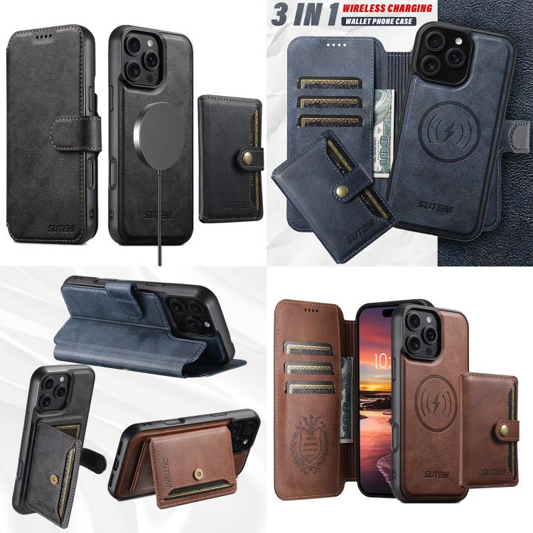 Custodia per telefono in pelle Suteni Q05S1 3 in 1 con portafoglio rimovibile e MagSafe., For iPhone 12 Pro