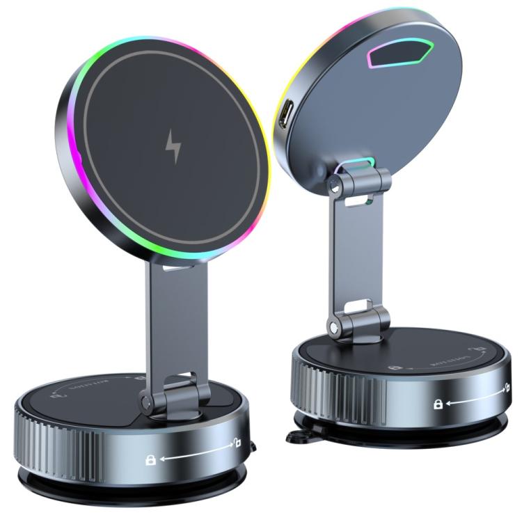 Supporto per telefono K3 con ventosa magnetica rotante e luce colorata per ricarica wireless in auto., K3