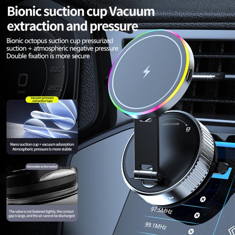 Supporto per telefono K3 con ventosa magnetica rotante e luce colorata per ricarica wireless in auto., K3