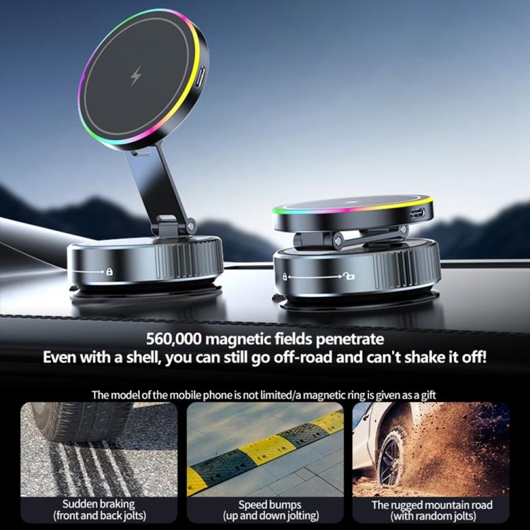 Supporto per telefono K3 con ventosa magnetica rotante e luce colorata per ricarica wireless in auto., K3