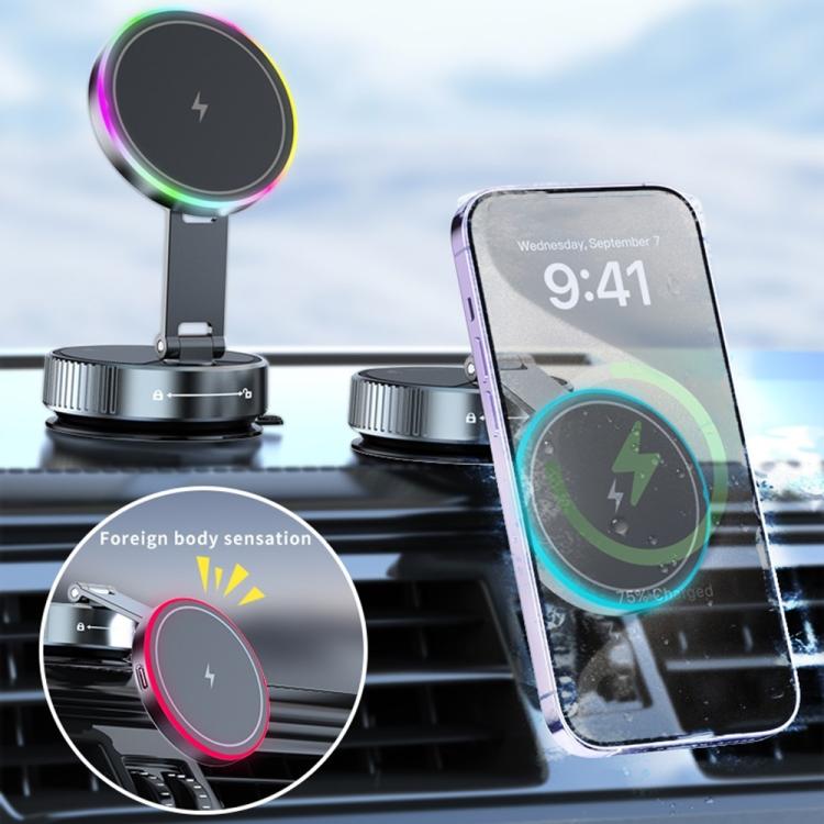 Supporto per telefono K3 con ventosa magnetica rotante e luce colorata per ricarica wireless in auto., K3