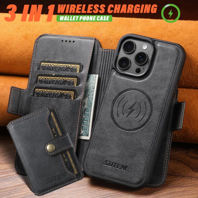 Custodia per telefono in pelle Suteni Q06S1 3 in 1 con portafoglio rimovibile e MagSafe., For iPhone 13 Pro Max, For iPhone 13 Pro, For iPhone 13, For iPhone 12, For iPhone 12 Pro Max, For iPhone 12 Pro
