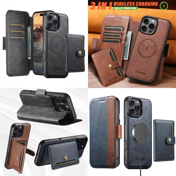 Custodia per telefono in pelle Suteni Q07S1 3 in 1 con portafoglio staccabile e sistema MagSafe., For iPhone 13 Pro Max, For iPhone 13 Pro, For iPhone 13, For iPhone 12, For iPhone 12 Pro Max, For iPhone 12 Pro