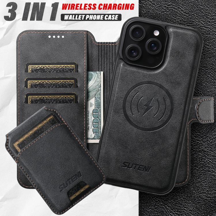 Custodia per telefono in pelle Suteni Q05S2 3 in 1 con portafoglio verticale rimovibile e MagSafe., For iPhone 13 Pro Max, For iPhone 13 Pro, For iPhone 13, For iPhone 12, For iPhone 12 Pro Max, For iPhone 12 Pro