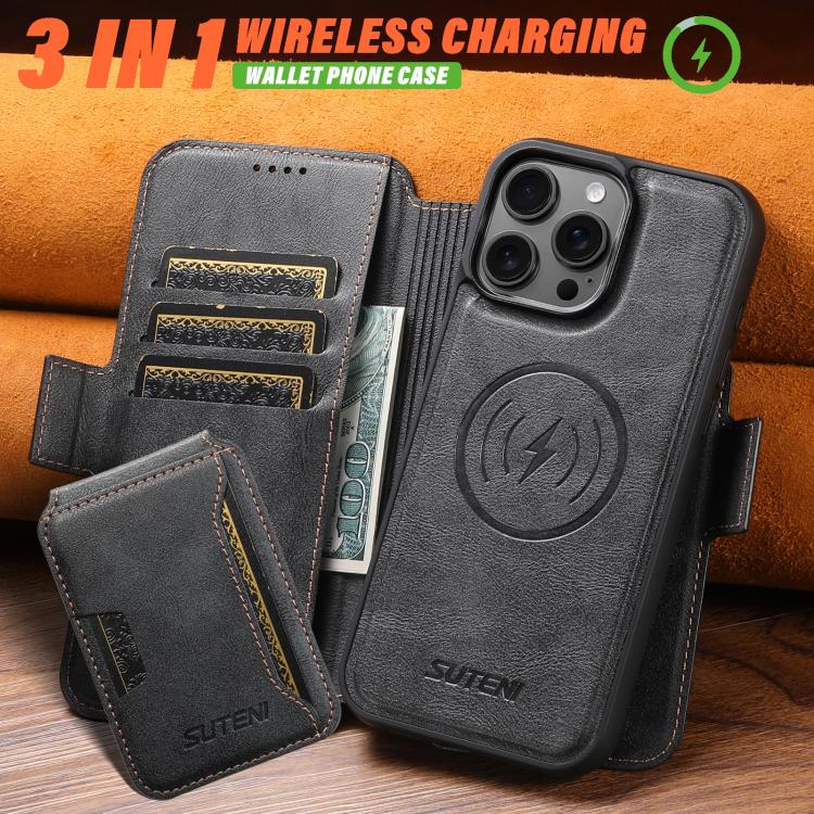 Custodia per telefono in pelle Suteni Q06S3 3 in 1 con portafoglio verticale rimovibile e MagSafe., For iPhone 13 Pro Max, For iPhone 13 Pro, For iPhone 13, For iPhone 12, For iPhone 12 Pro Max, For iPhone 12 Pro