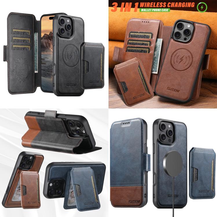 Custodia per telefono in pelle Suteni Q06S3 3 in 1 con portafoglio verticale rimovibile e MagSafe., For iPhone 13 Pro Max, For iPhone 13 Pro, For iPhone 13, For iPhone 12, For iPhone 12 Pro Max, For iPhone 12 Pro