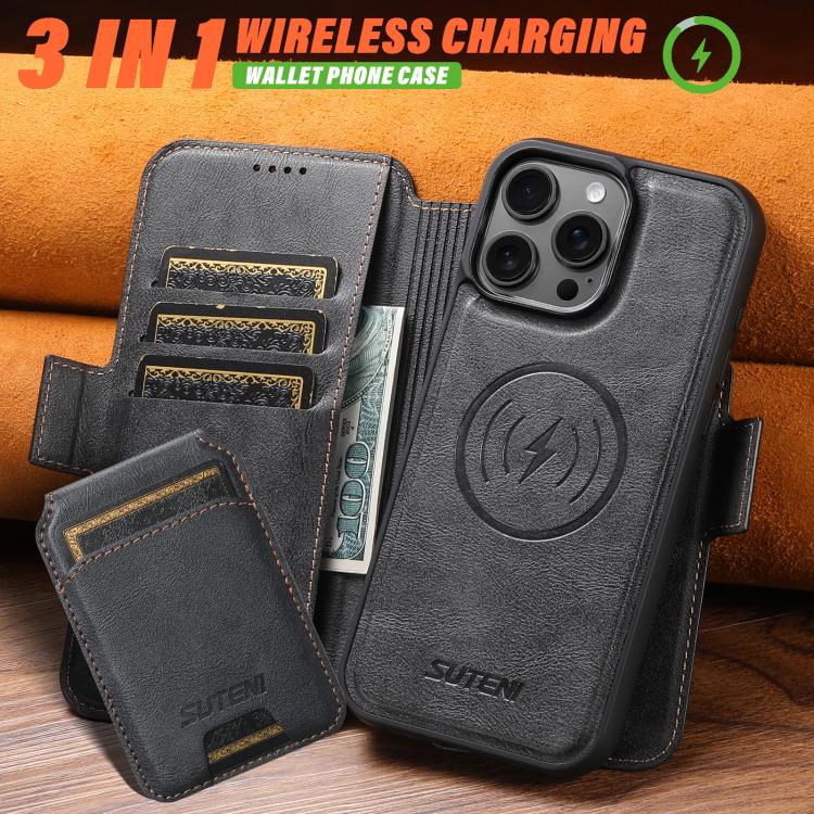 Custodia per telefono in pelle Suteni Q07S2 3 in 1 con portafoglio verticale rimovibile, MagSafe e innesto a libro., For iPhone 12 Pro