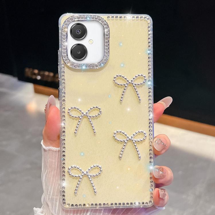 Custodia per telefono antiurto a quattro angoli con fiocco glitterato a forma di diamante, For Samsung Galaxy S26+ 5G, For Samsung Galaxy S26 Ultra 5G, For Samsung Galaxy S26 5G, For Samsung Galaxy A07 5G