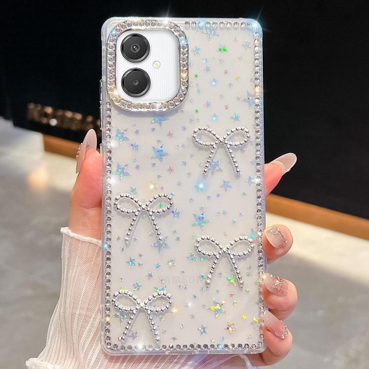 Custodia per telefono antiurto a quattro angoli con fiocco glitterato a forma di diamante, For Samsung Galaxy S26+ 5G, For Samsung Galaxy S26 Ultra 5G, For Samsung Galaxy S26 5G, For Samsung Galaxy A07 5G