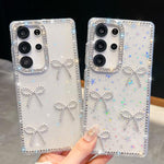 Custodia per telefono antiurto a quattro angoli con fiocco glitterato a forma di diamante, For Samsung Galaxy S26+ 5G, For Samsung Galaxy S26 Ultra 5G, For Samsung Galaxy S26 5G, For Samsung Galaxy A07 5G