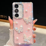 Custodia per telefono antiurto con farfalle, perle e glitter di diamanti, a quattro angoli., For Samsung Galaxy A17 5G, For Samsung Galaxy A56 5G, For Samsung Galaxy A26 5G, For Samsung Galaxy A36 5G